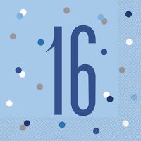 Blue/Silver Glitz Age 16 Luncheon Napkin 16ct