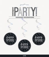 Black/Silver Glitz Foil Happy Birthday Hanging Swirl Decorations 32"L 6ct