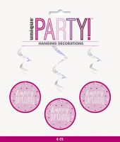 Pink/Silver Glitz Foil Happy Birthday Hanging Swirl Decorations 32"L 6ct