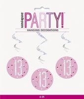 Pink/Silver Glitz Foil Age 13 Hanging Swirl Decorations 32"L 6ct