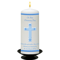 Blue Cross On your Christening Day Pillar Candle 6"