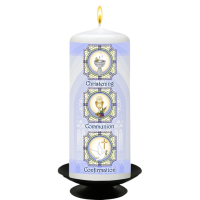 Blue Triple Church Window Christening Pillar Candle 6"
