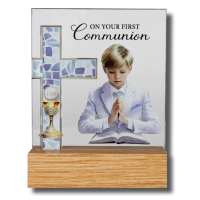Glass Plaque with Wood Base Communion Boy