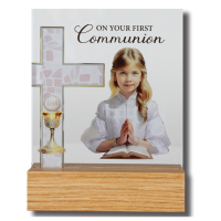 Glass Plaque with Wood Base Communion Girl