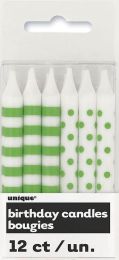 Lime Green Stripes &amp; Dots Birthday Candles 12CT.