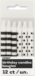 Midnight Black Stripes &amp; Dots Birthday Candles 12CT.