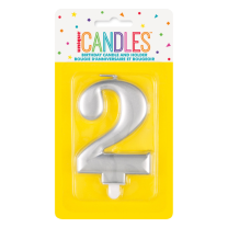 Numeral 2 Silver Metallic Candle (Box of 6)