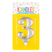 Numeral 3 Silver Metallic Candle (Box of 6)