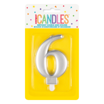 Numeral 6 Silver Metallic Candle (Box of 6)