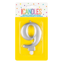 Numeral 9 Silver Metallic Candle (Box of 6)