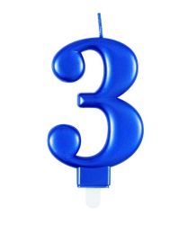 Numeral 3 Blue Metallic Candle (Box of 6)