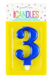 Numeral 3 Blue Metallic Candle (Box of 6)