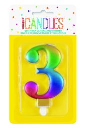 Numeral 3 Rainbow Metallic Candle (Box of 6)