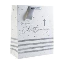 Christening Silver Stripes Large Gift Bag 6ct