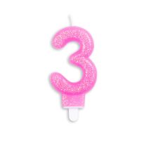 Numeral 3 Glitter Pink Candle (Box of 12)