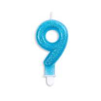 Numeral 9 Glitter Blue Candle (Box of 12)