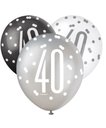 Black/Silver Glitz 12" Age 40 Latex Balloons 6ct