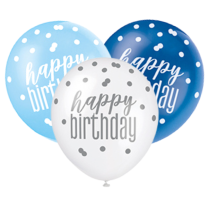 Blue/Silver Glitz 12" Happy Birthday Latex Balloons 6ct