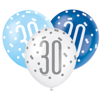 Blue/Silver Glitz 12" Age 30 Latex Balloons 6ct
