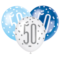 Blue/Silver Glitz 12" Age 50 Latex Balloons 6ct