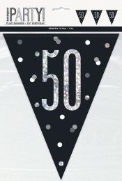 Black/Silver Glitz Age 50 Prism Flag Banner 9ft