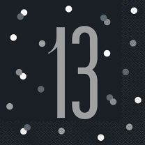 Black/Silver Glitz Age 13 Luncheon Napkins 16ct