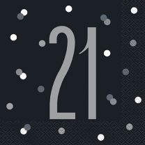 Black/Silver Glitz Age 21 Luncheon Napkins 16ct