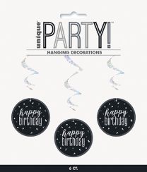 Black/Silver Glitz Foil Happy Birthday Hanging Swirl Decorations 32"L 6ct