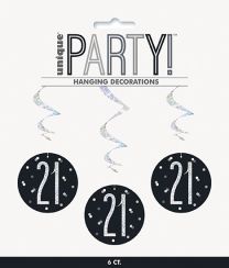 Black/Silver Glitz Foil Age 21 Hanging Swirl Decorations 32"L 6ct