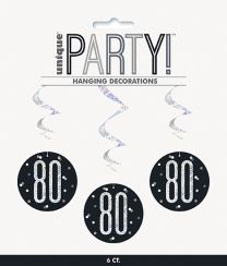 Black/Silver Glitz Foil Age 80 Hanging Swirl Decorations 32"L 6ct