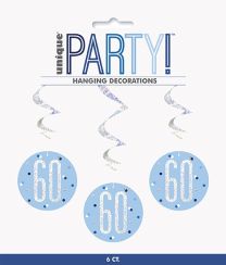 Blue/Silver Glitz Foil Age 60 Hanging Swirl Decorations 32"L 6ct