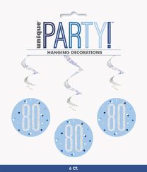 Blue/Silver Glitz Foil Age 80 Hanging Swirl Decorations 32"L 6ct
