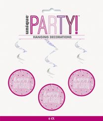 Pink/Silver Glitz Foil Happy Birthday Hanging Swirl Decorations 32"L 6ct