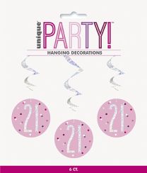 Pink/Silver Glitz Foil Age 21 Hanging Swirl Decorations 32"L 6ct