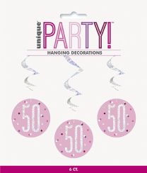 Pink/Silver Glitz Foil Age 50 Hanging Swirl Decorations 32"L 6ct