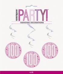 Pink/Silver Glitz Foil Age 100 Hanging Swirl Decorations 32"L 6ct