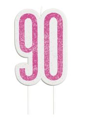 Pink/Silver Glitz Age 90 Glitter Birthday Candle