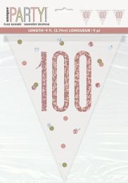 Rose Gold Glitz Age 100 Prism Flag Banner 9ft