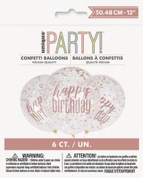 Rose Gold Glitz Happy Birthday 12" Latex Confetti Balloons 6ct