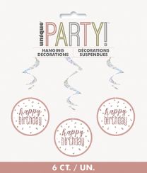 Rose Gold Glitz Foil Happy Birthday Hanging Swirl Decorations 32"L 6ct