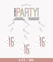 Rose Gold Glitz Foil Age 16 Hanging Swirl Decorations 32"L 6ct