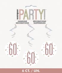 Rose Gold Glitz Foil Age 60 Hanging Swirl Decorations 32"L 6ct