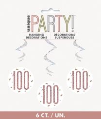 Rose Gold Glitz Foil Age 100 Hanging Swirl Decorations 32"L 6ct